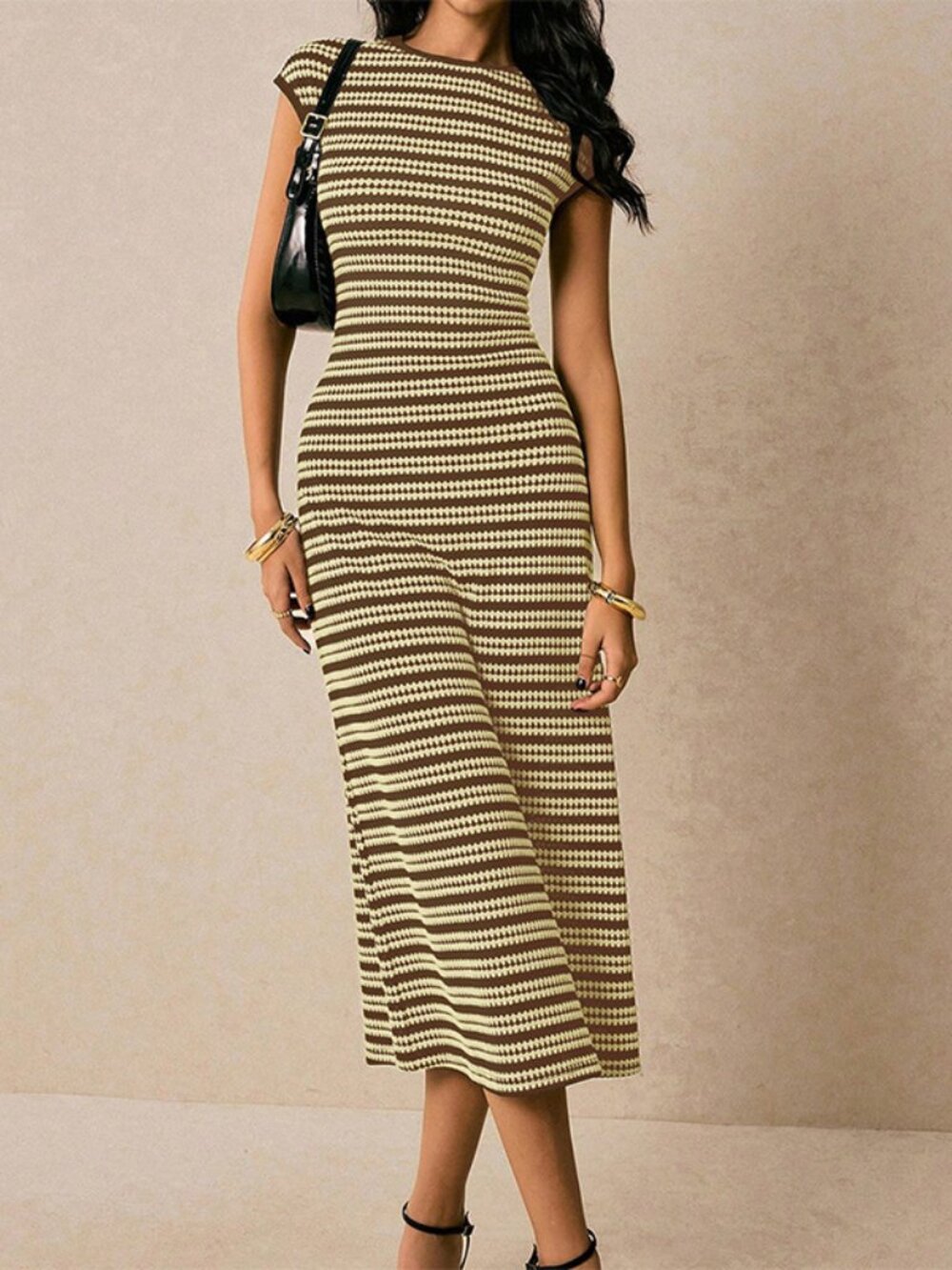 Women's Brown Striped Knitted Maxi Dress